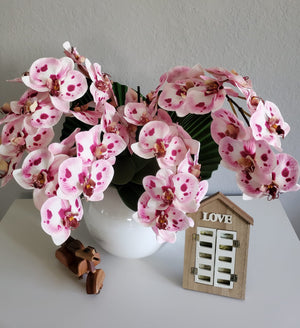 Pink And White Faux Phalaenopsis Orchid in Large White Bowl