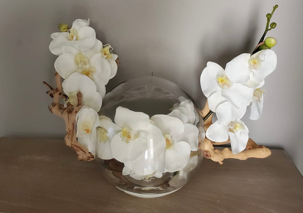White Faux Phalaenopsis In Glass Globe with Driftwood