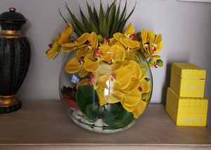 Faux Yellow Phalaenopsis inGlass Bowl With Red Succulent